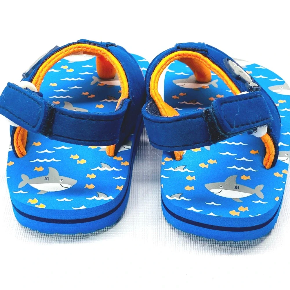 Kids Shark‎ Flip Flop Sandals Toddler Size 3 Blue Orange Hook and Loop